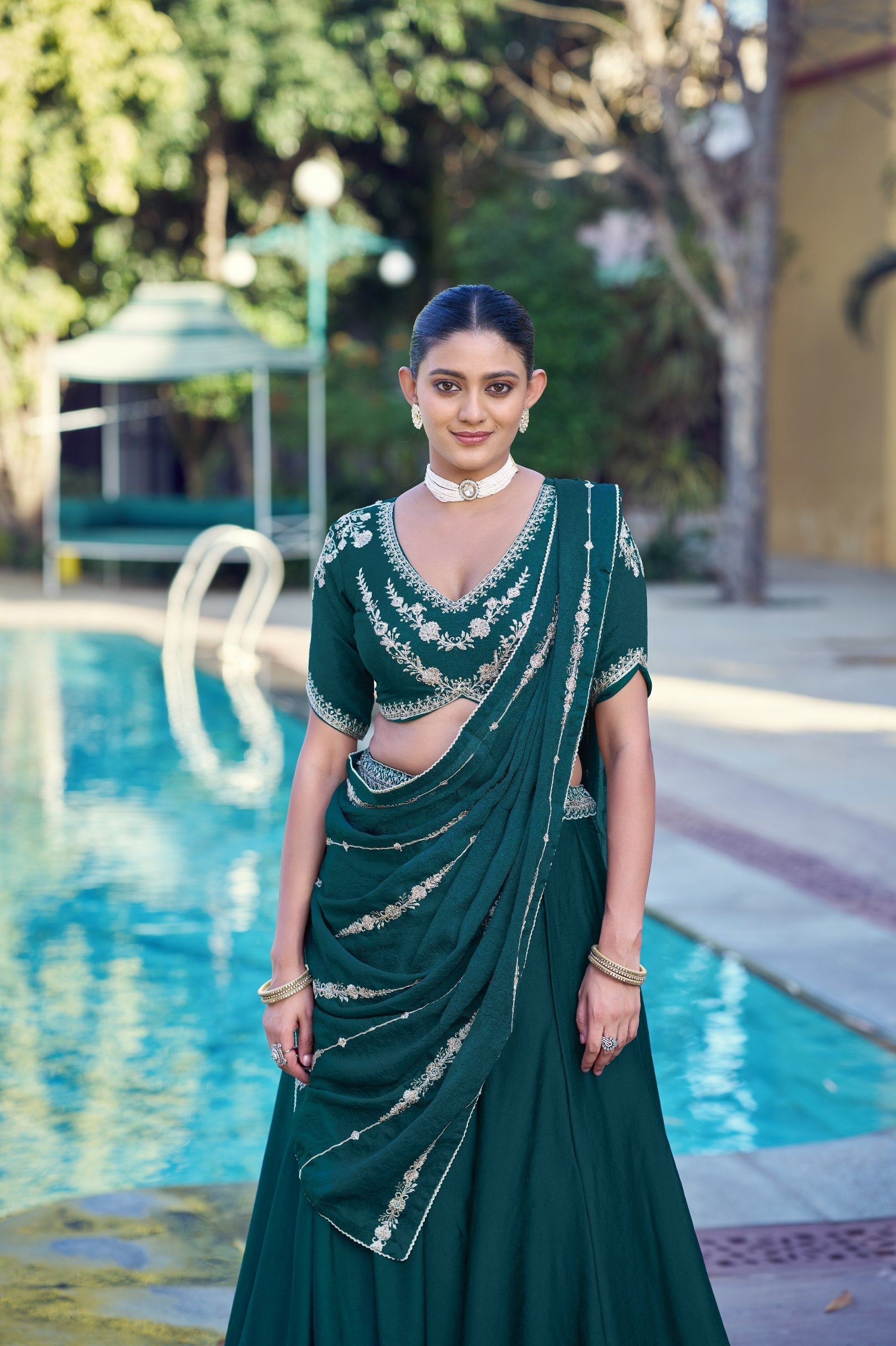 Pine Green Rangoli Crush Lehenga