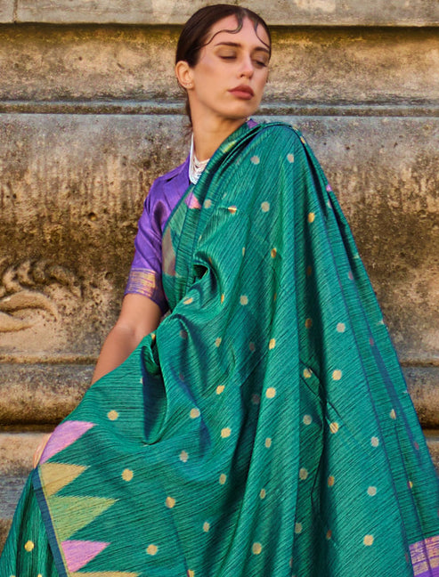 Pine Green Women's Banarasi Silk Blend Saree with Unstitched Blouse Piece