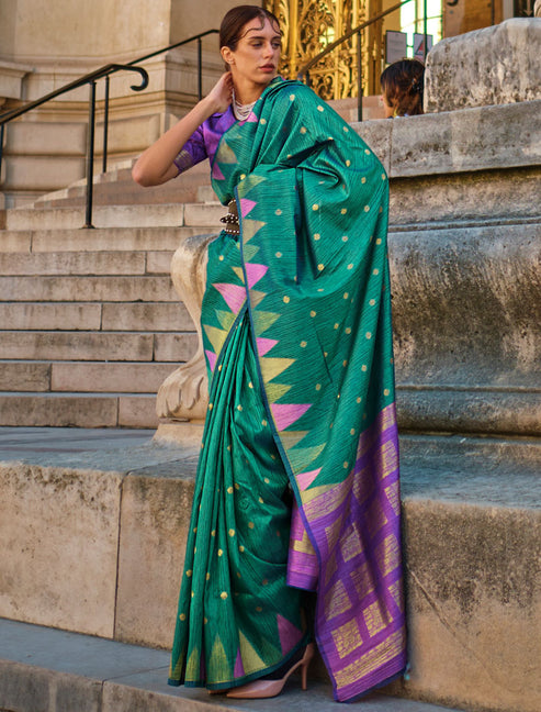 Pine Green Women's Banarasi Silk Blend Saree with Unstitched Blouse Piece