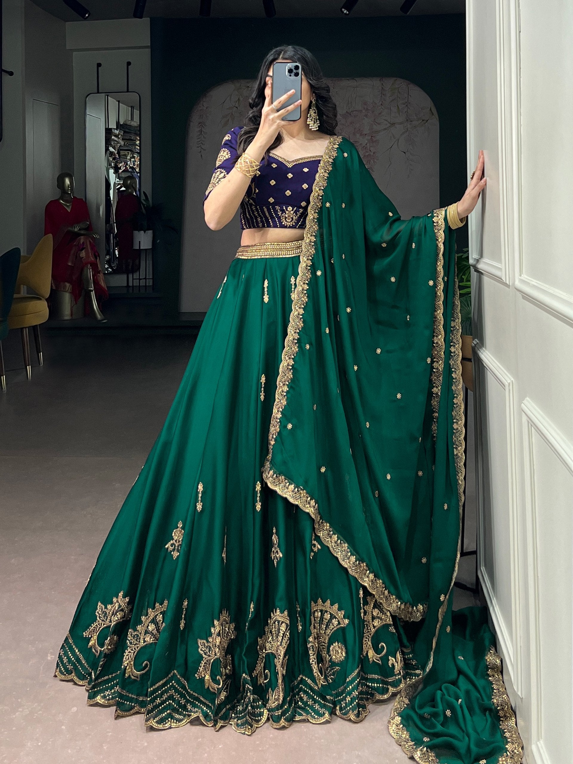 Pine Green Sequins Embroidered Silk Lehenga