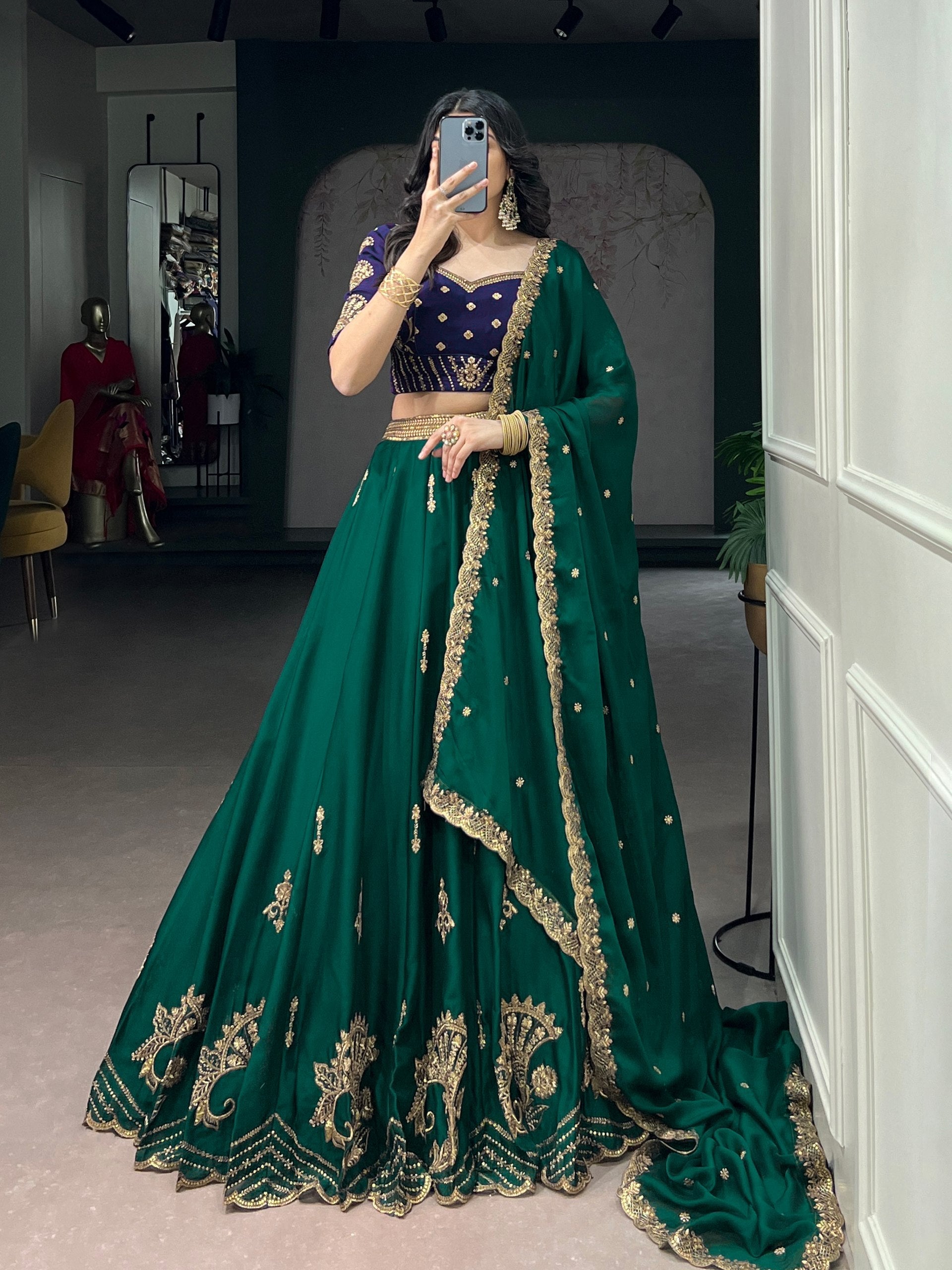 Pine Green Sequins Embroidered Silk Lehenga
