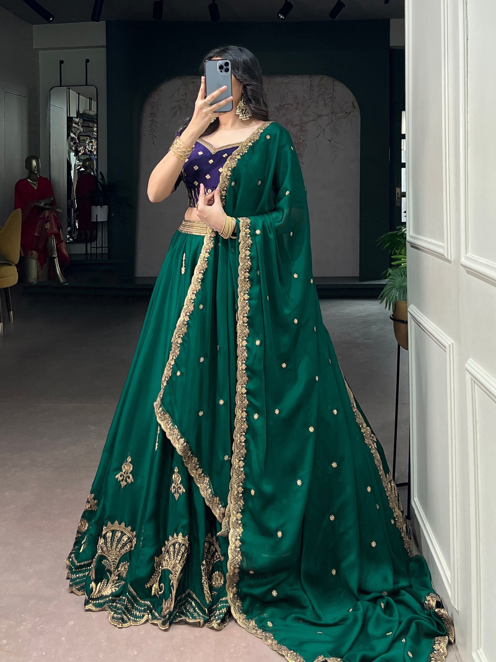 Pine Green Sequins Embroidered Silk Lehenga