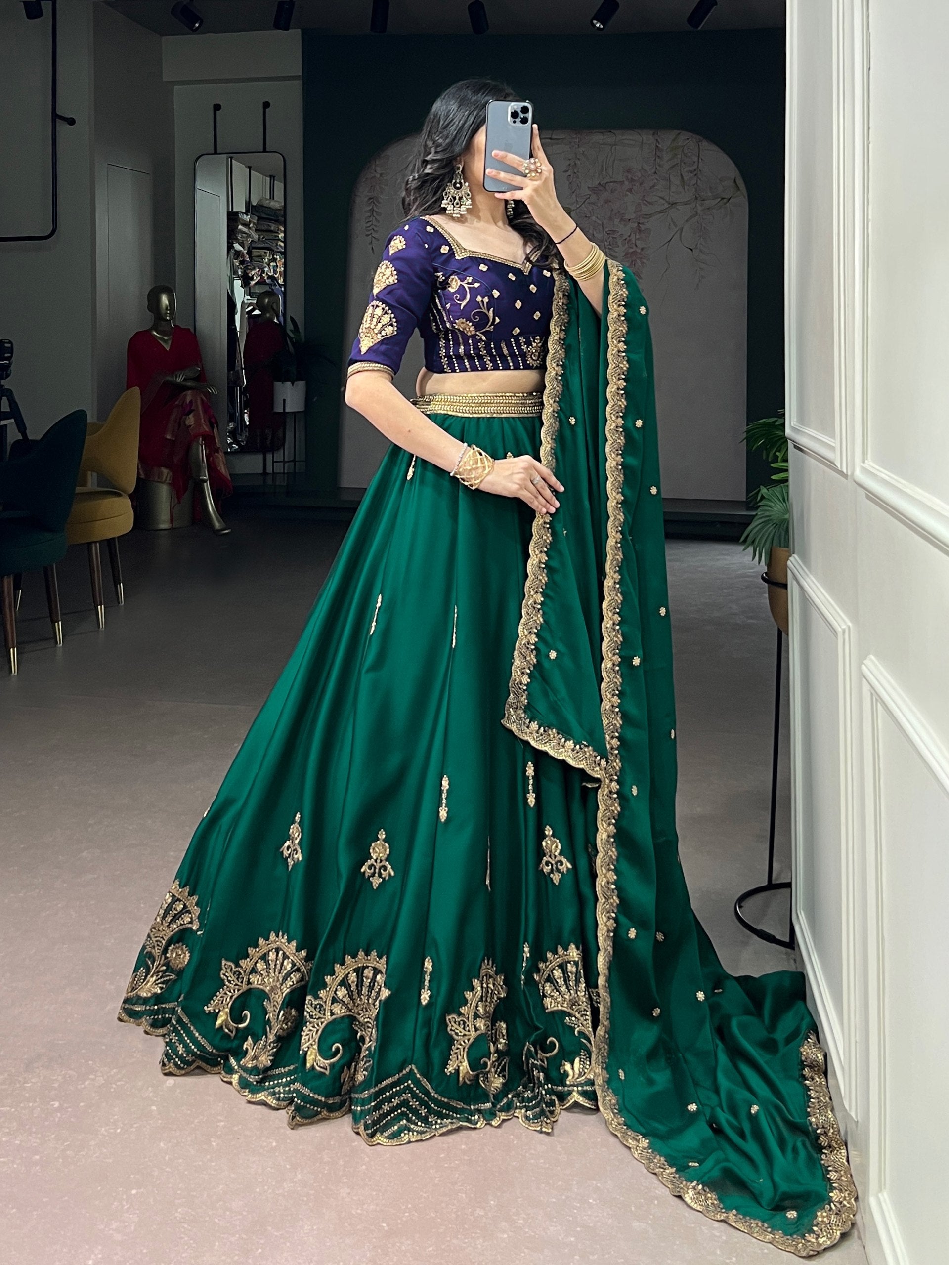 Pine Green Sequins Embroidered Silk Lehenga