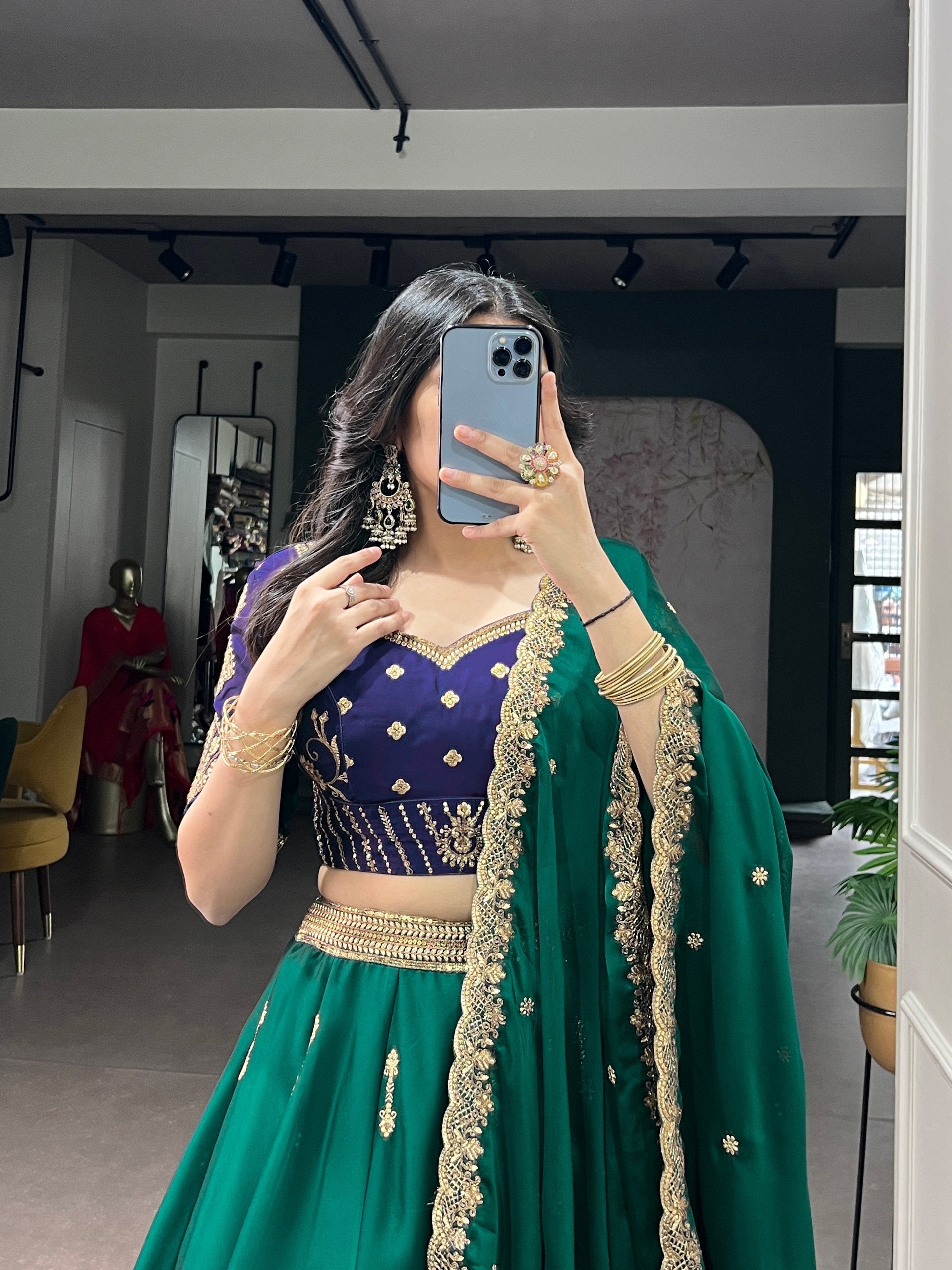 Pine Green Sequins Embroidered Silk Lehenga