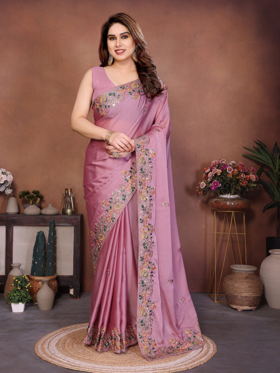 Pink Art Silk Saree with Sequins Work