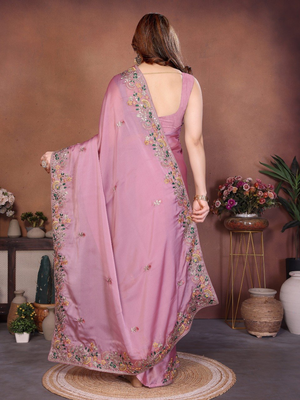 Pink Art Silk Saree with Sequins Work