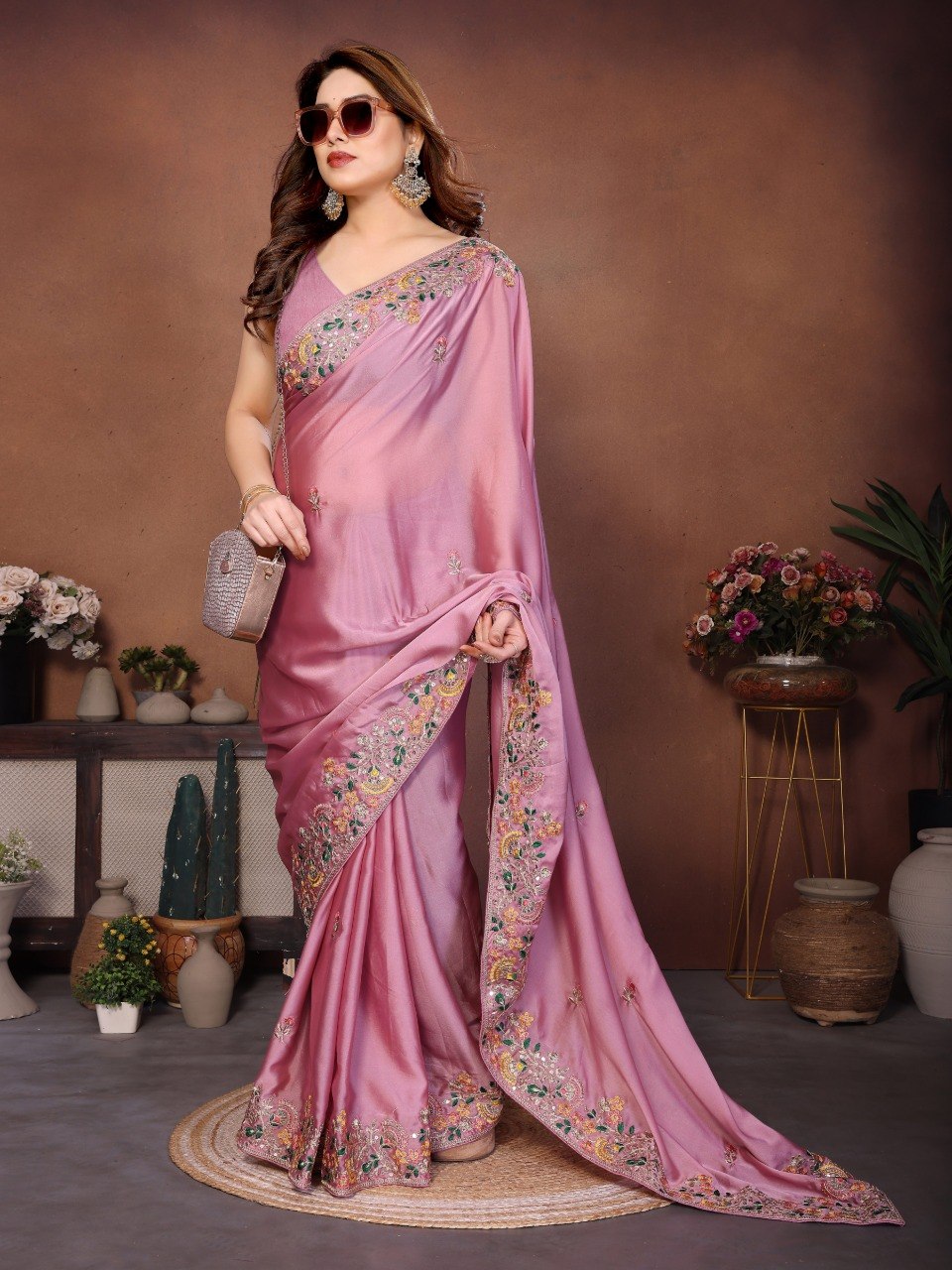 Pink Art Silk Saree with Sequins Work