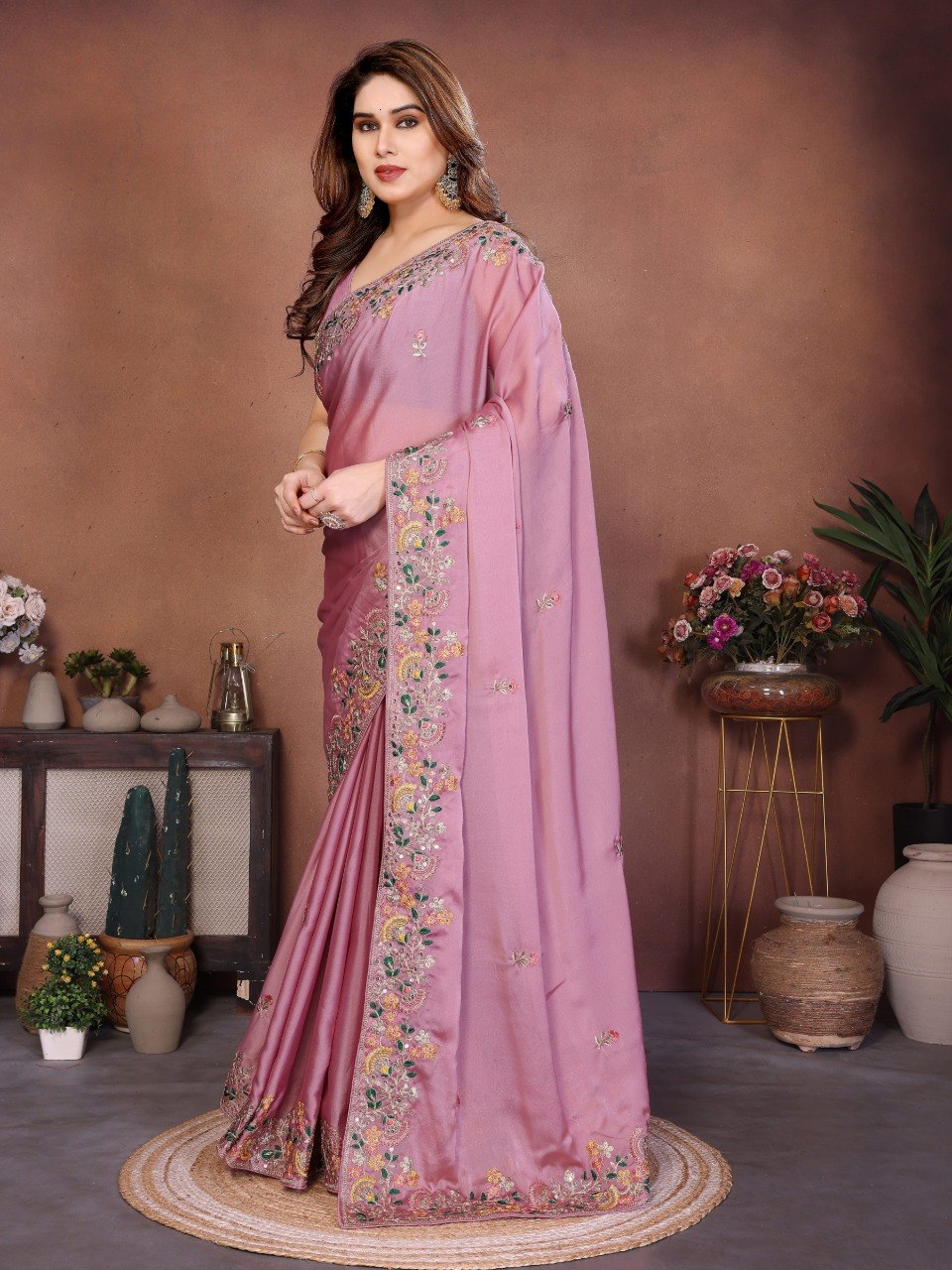 Pink Art Silk Saree with Sequins Work