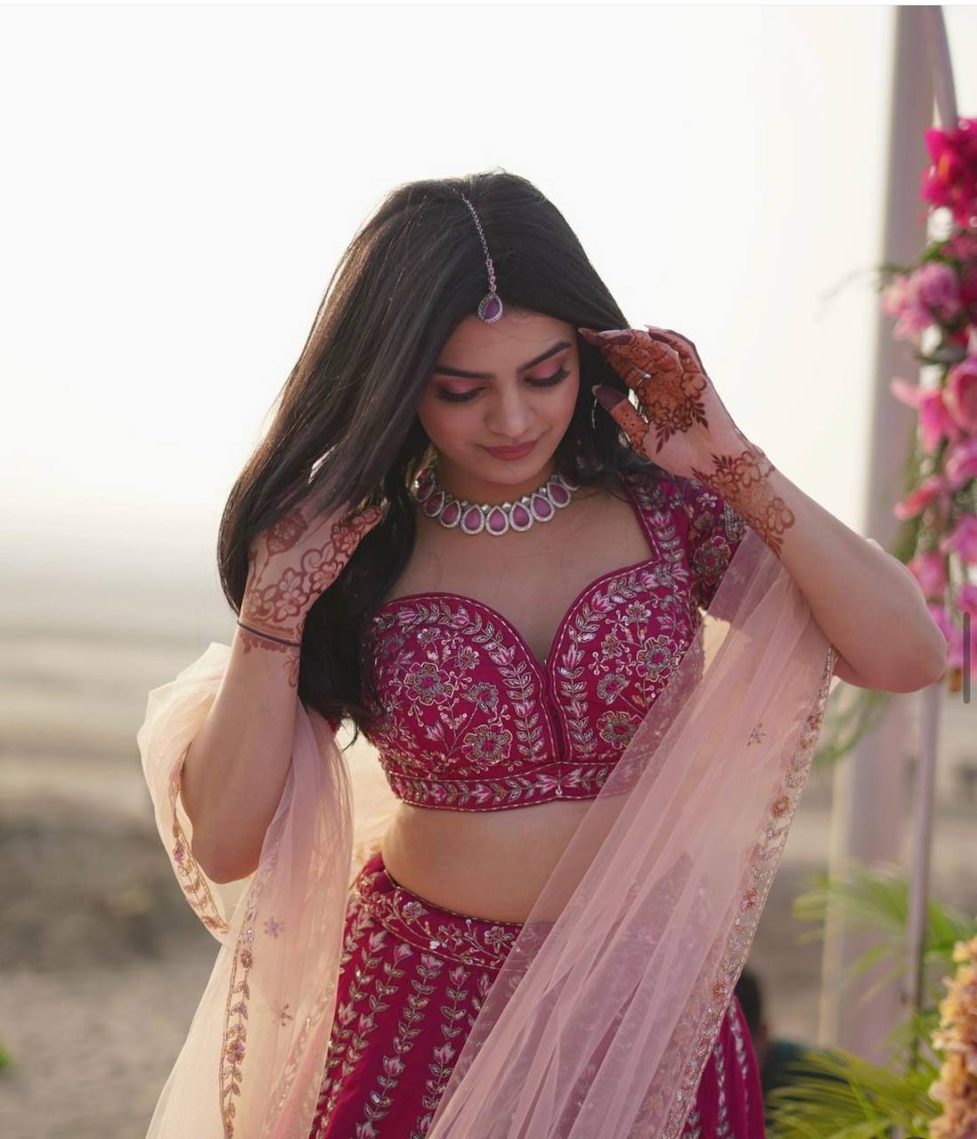 Pink Slub Silk Lehenga Set with Sequins & Dori Work