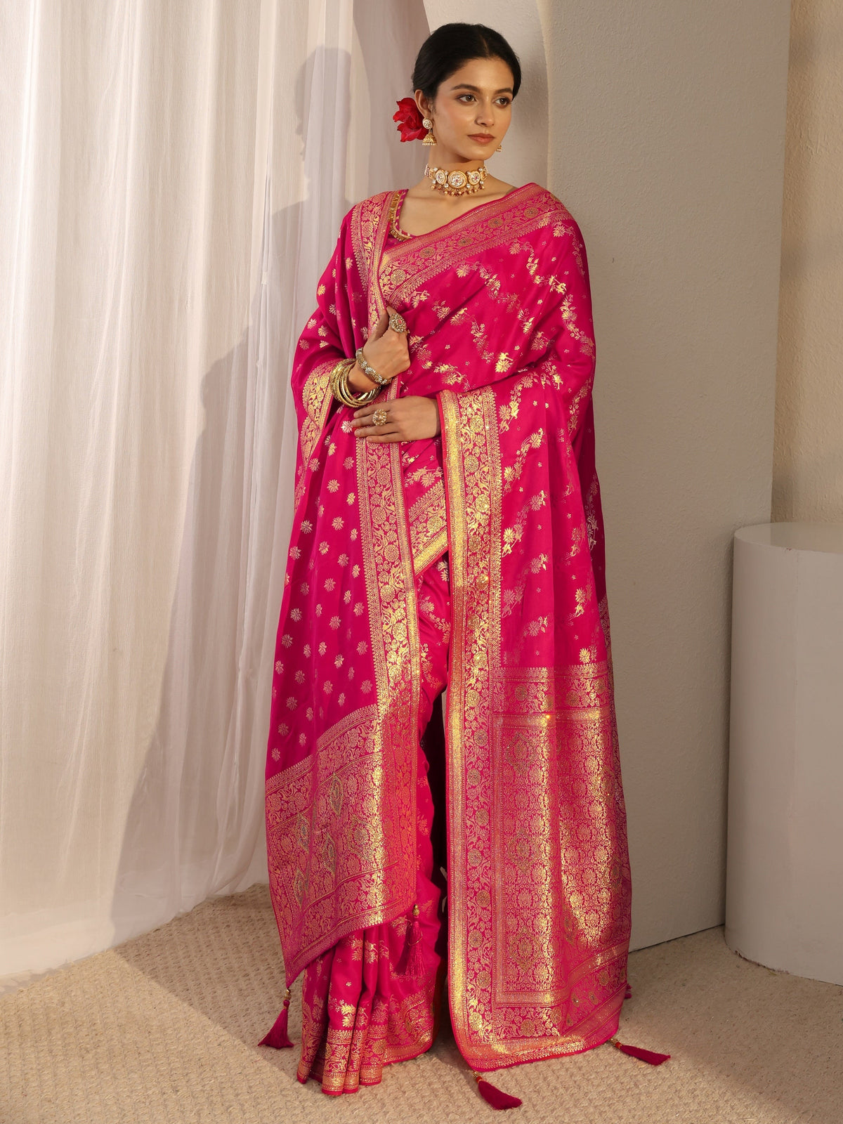 Anouk Pink Banarasi Satin Saree With Unstiched Blouse Piece And Dupatta
