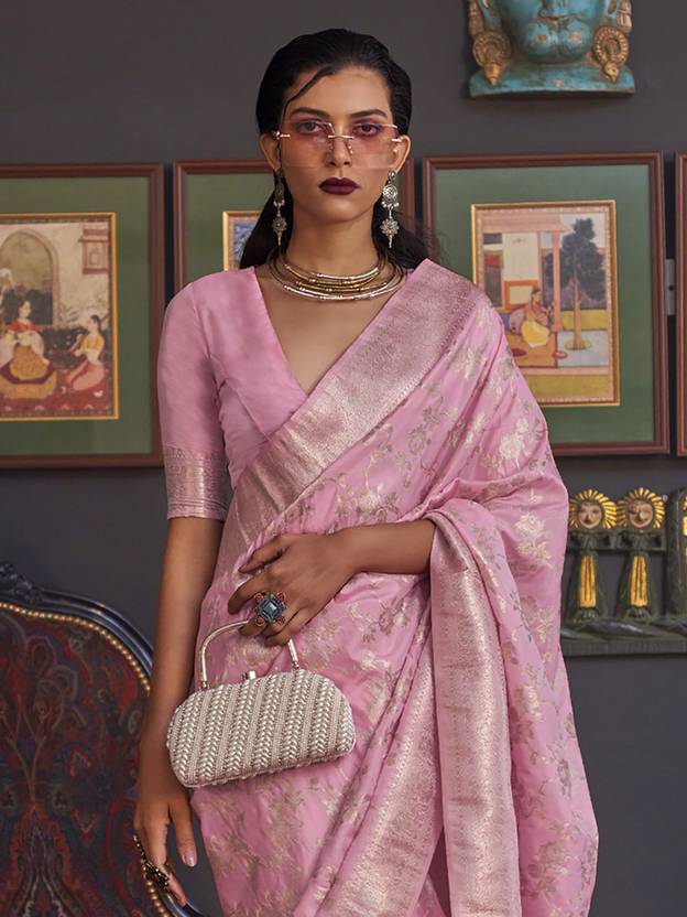 Pink Banarasi Silk Blend Saree with Bidri Work & Zari Buta – Gold Accents & Tassel Detailing