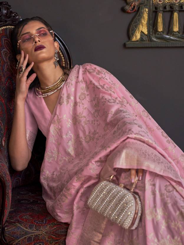 Pink Banarasi Silk Blend Saree with Bidri Work & Zari Buta – Gold Accents & Tassel Detailing