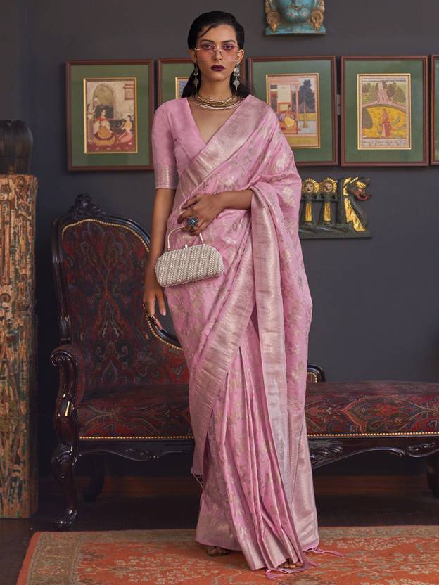 Pink Banarasi Silk Blend Saree with Bidri Work & Zari Buta – Gold Accents & Tassel Detailing