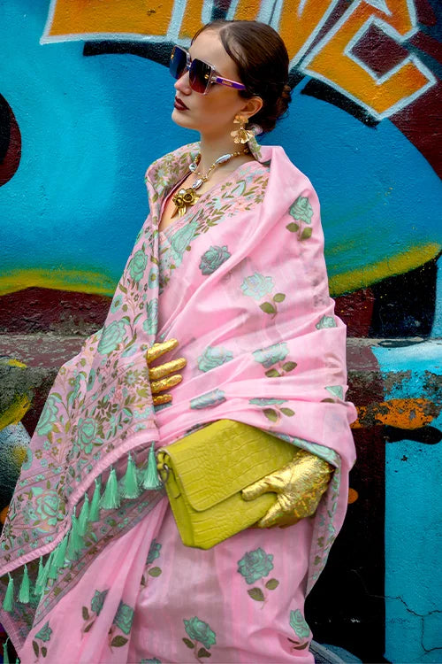 Pink Banarasi Silk Saree with Zari Kashmiri Weaving  & Unstitched Blouse