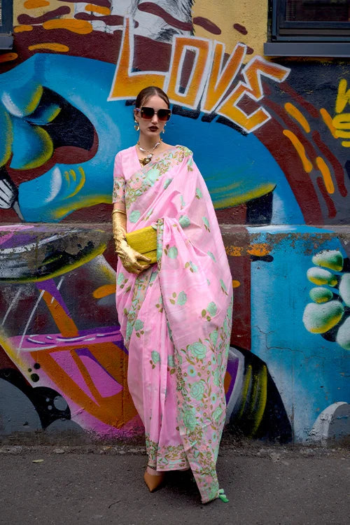 Pink Banarasi Silk Saree with Zari Kashmiri Weaving  & Unstitched Blouse