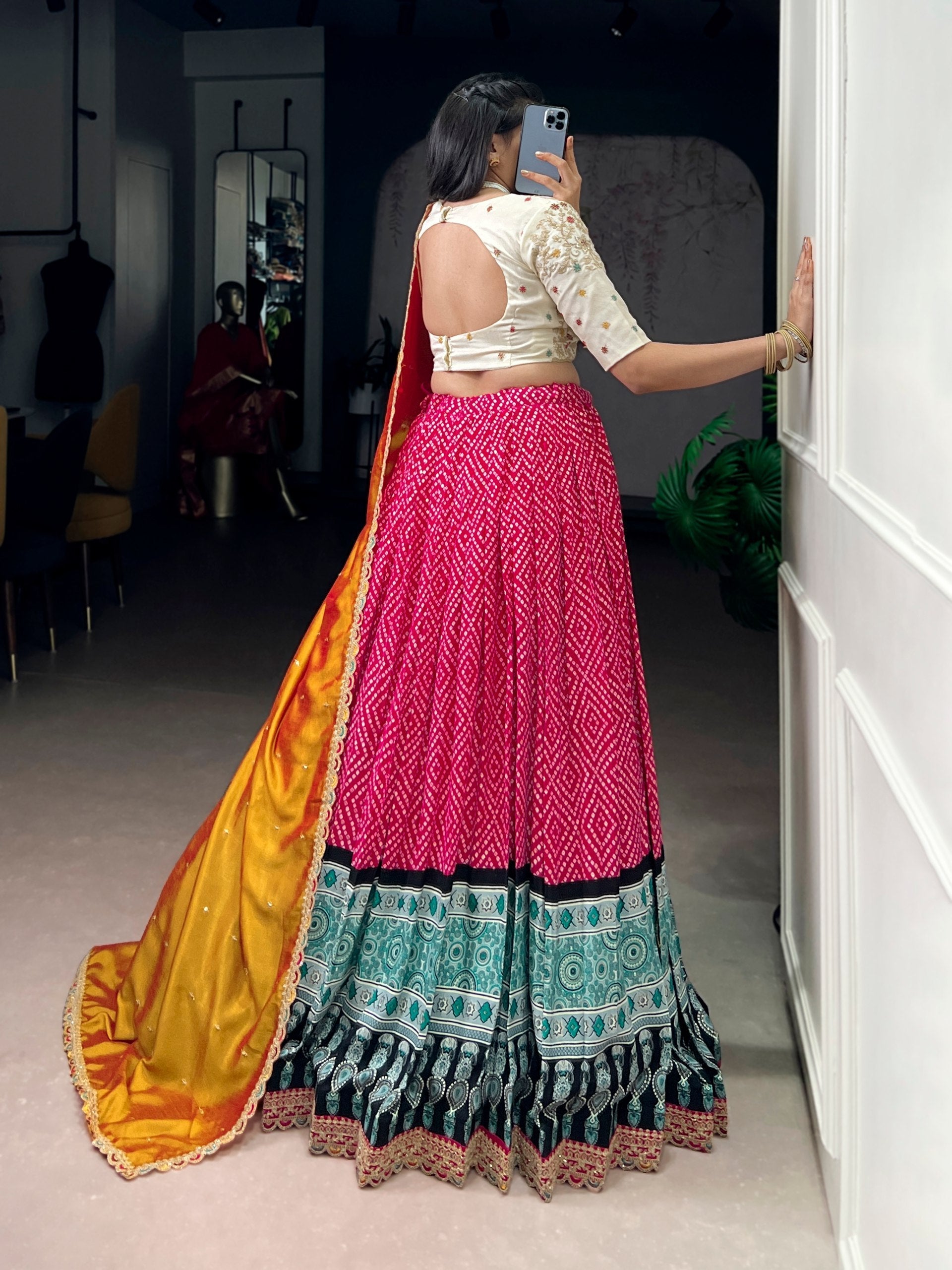 Pink Bandhej & Ajrakh Printed Lehenga Choli Set