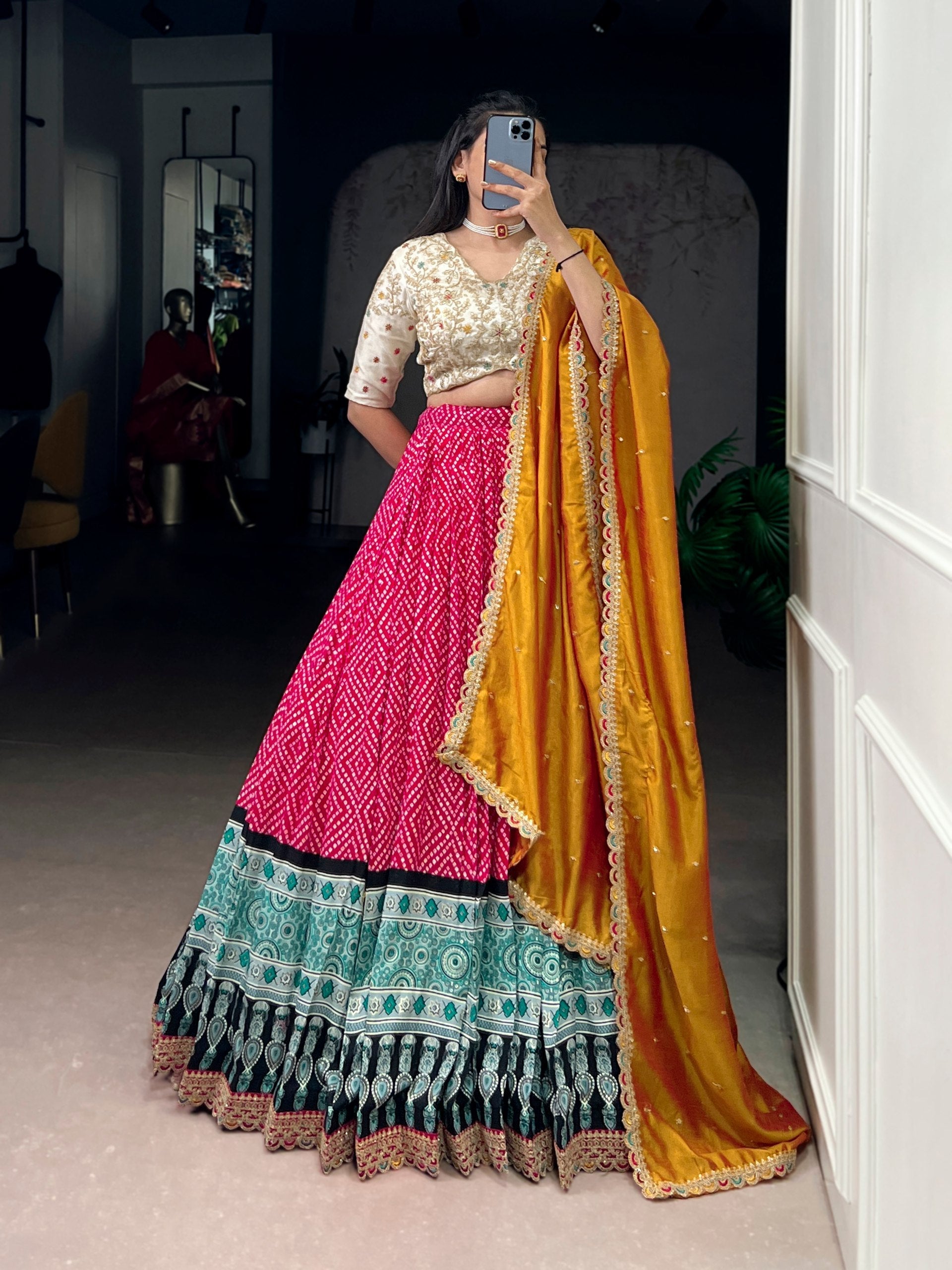 Pink Bandhej & Ajrakh Printed Lehenga Choli Set