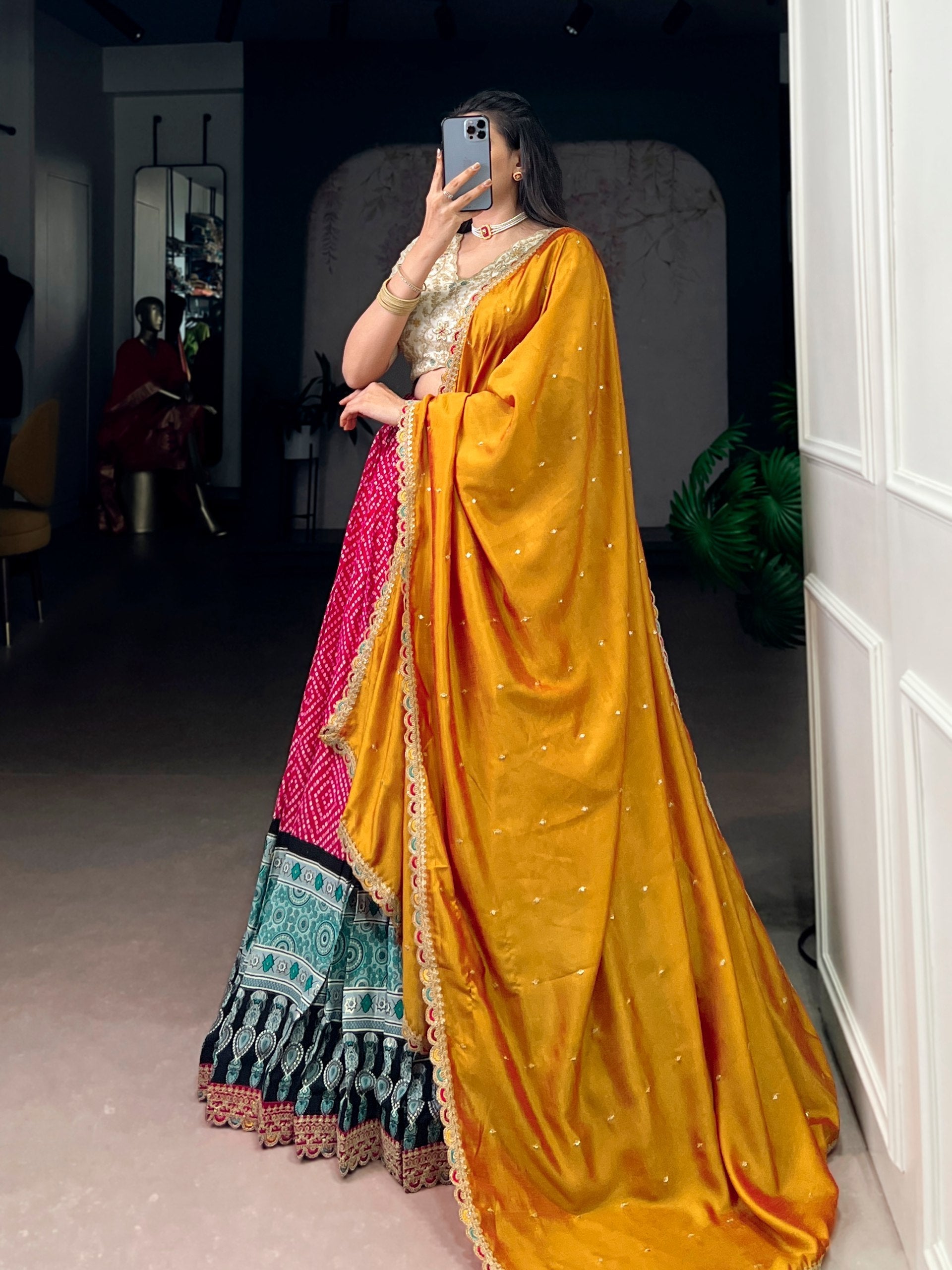 Pink Bandhej & Ajrakh Printed Lehenga Choli Set