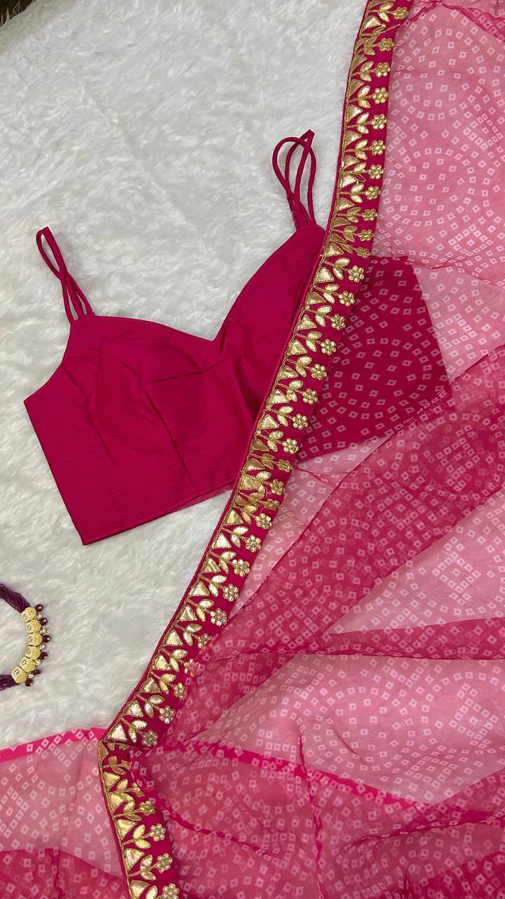 Pink Bloom Bandhani Organza Saree – A Timeless Elegance