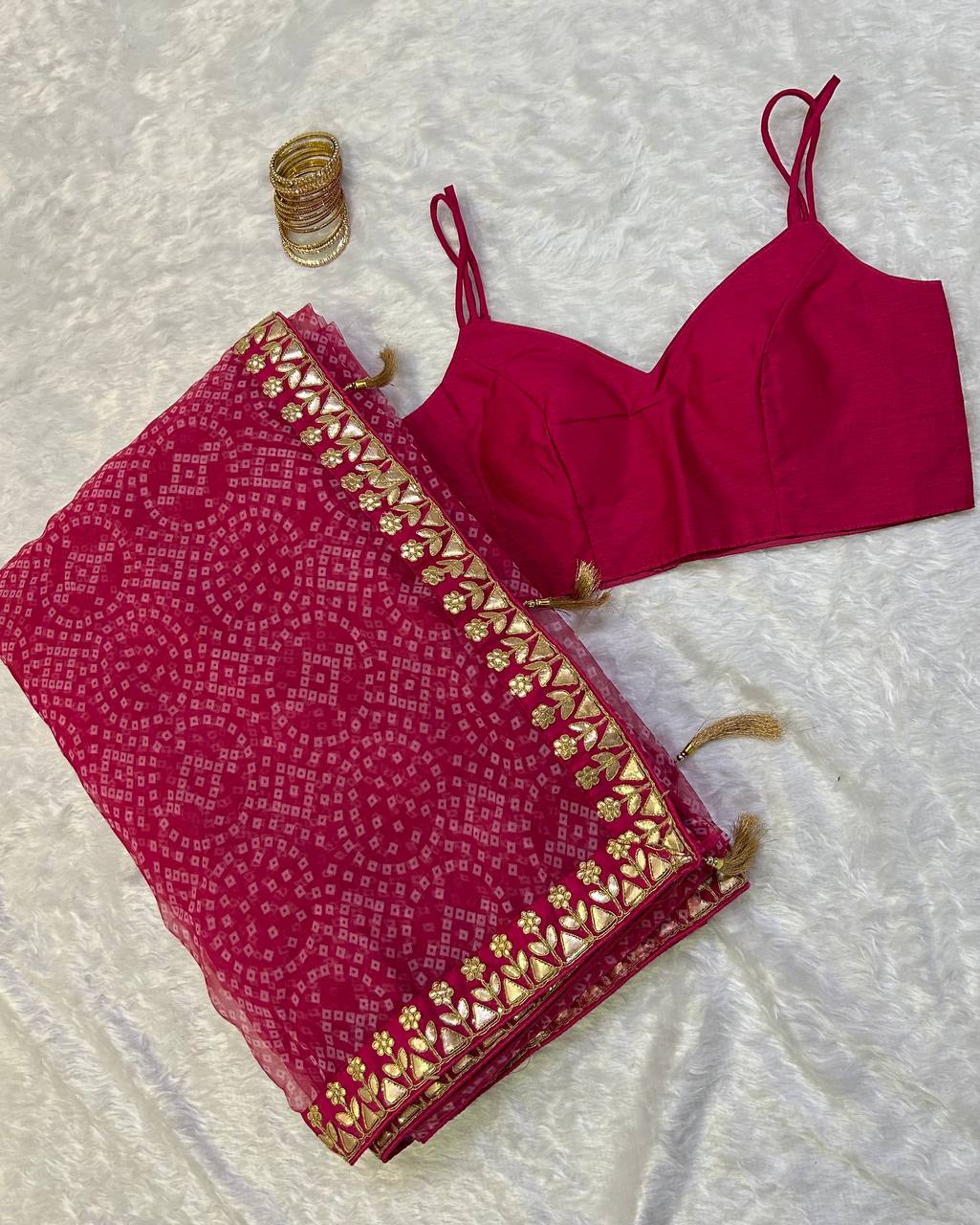Pink Bloom Bandhani Organza Saree – A Timeless Elegance