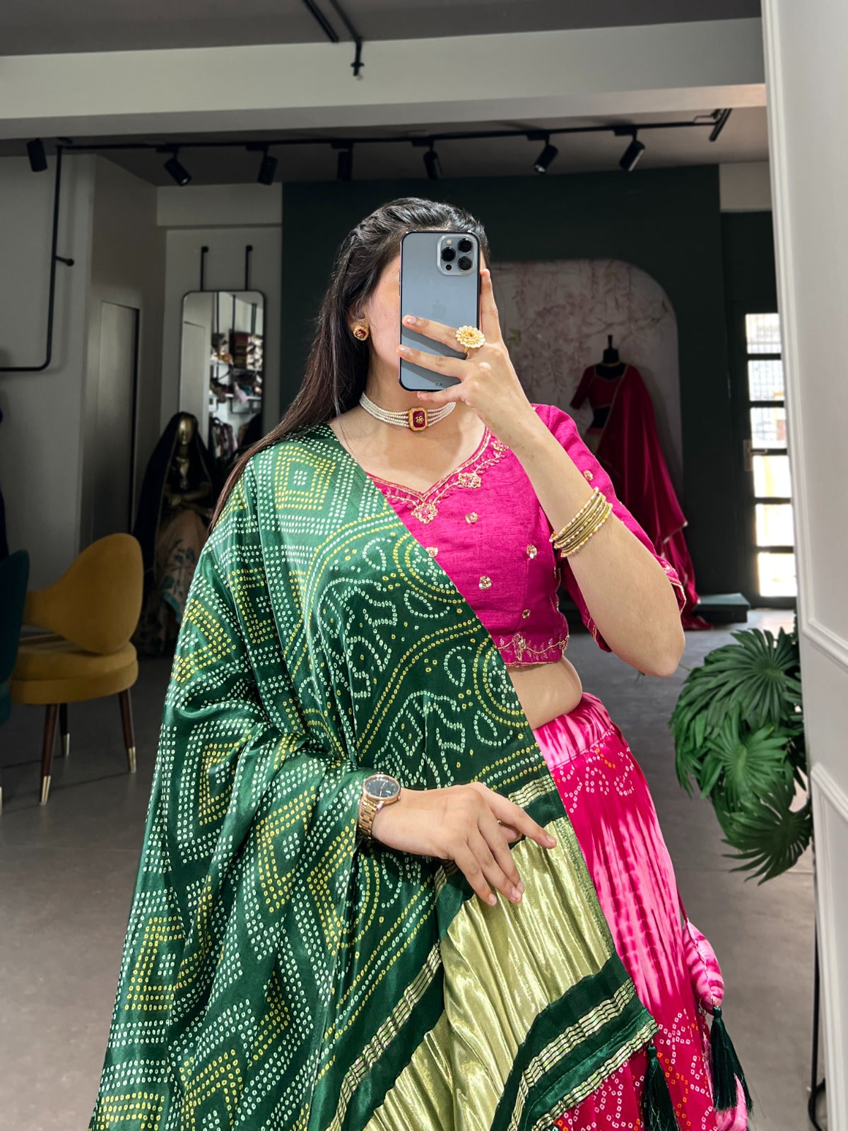 Pink Color Bandhej Digital Print Pure Gaji Silk Chaniya Choli
