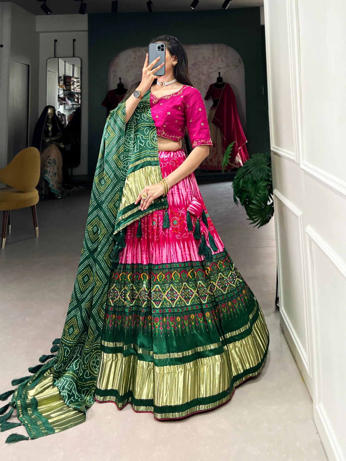 Pink Color Bandhej Digital Print Pure Gaji Silk Chaniya Choli