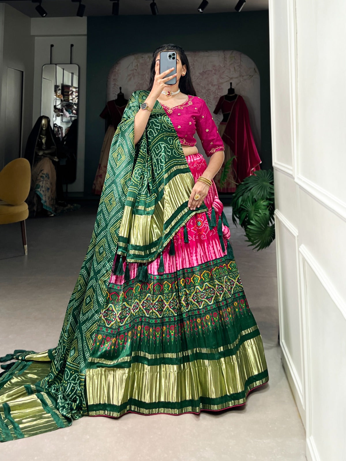 Pink Color Bandhej Digital Print Pure Gaji Silk Chaniya Choli