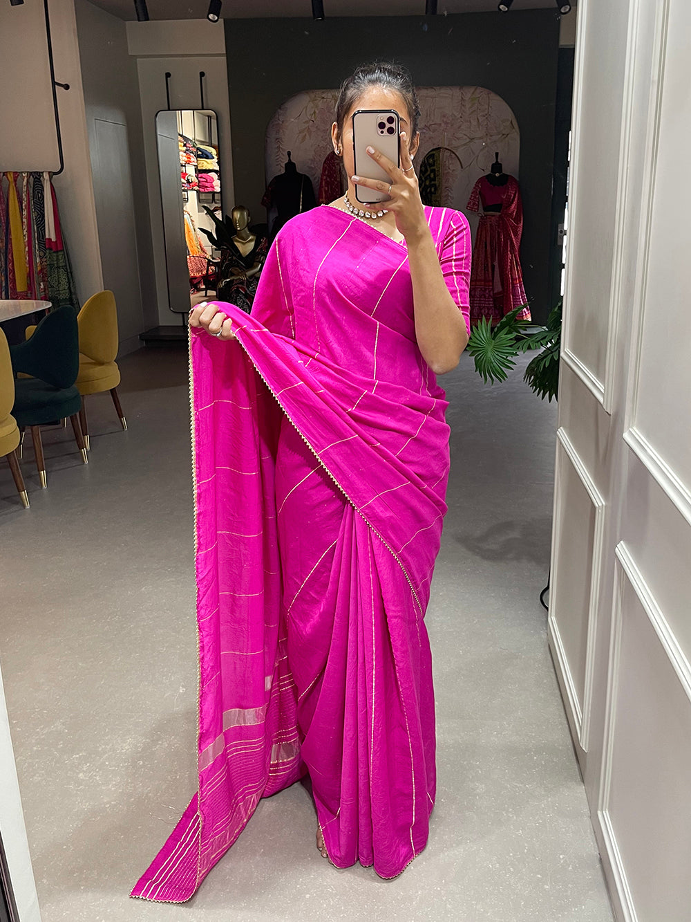 Pink Color Sequins And Zari Work Viscose Chanderi Saree