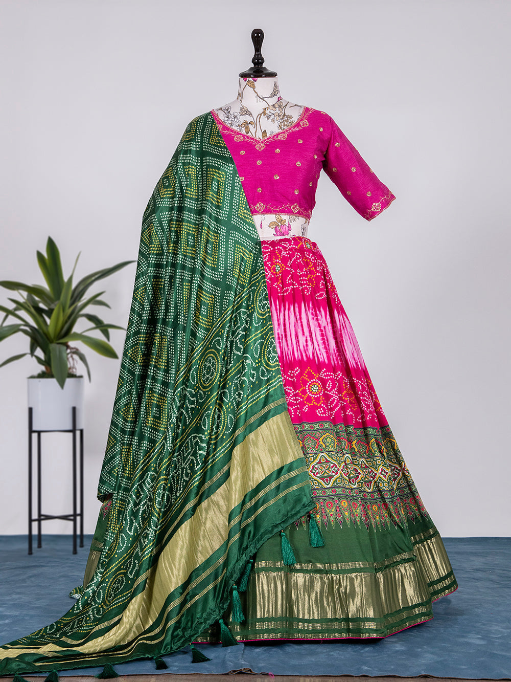 Pink Color Bandhej Digital Print Pure Gaji Silk Chaniya Choli