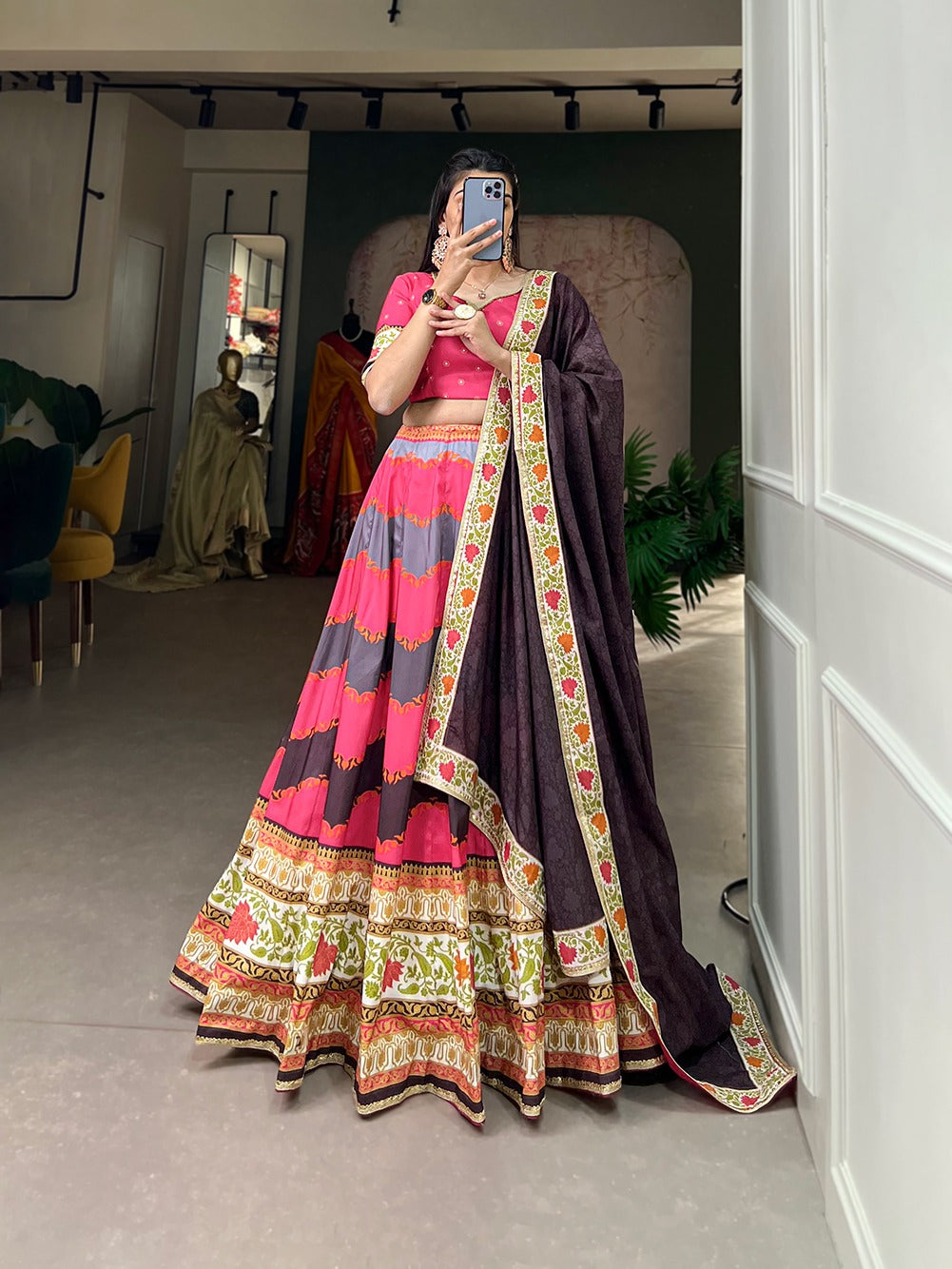 Pink Color Vaishali Silk Printed Lehenga Choli Set with Sequins Lace Border