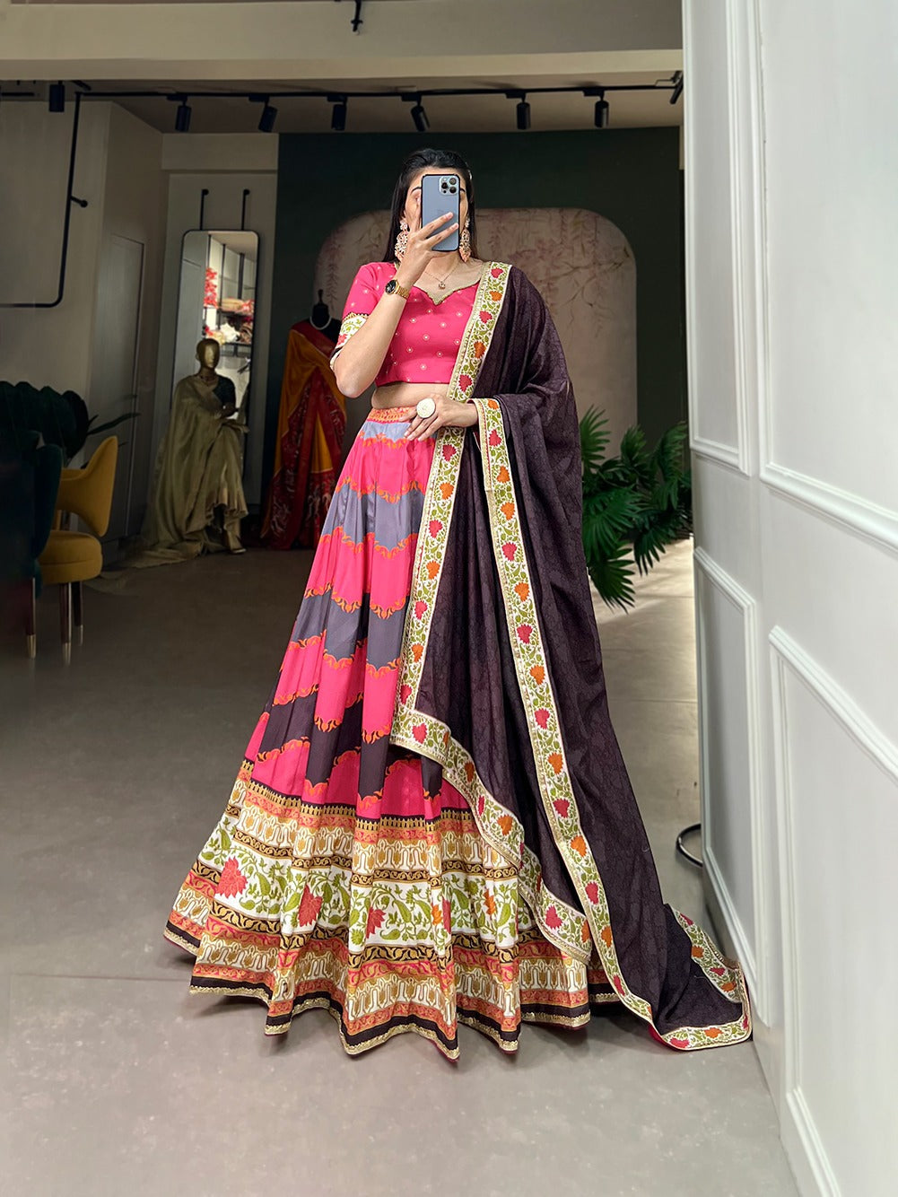 Pink Color Vaishali Silk Printed Lehenga Choli Set with Sequins Lace Border