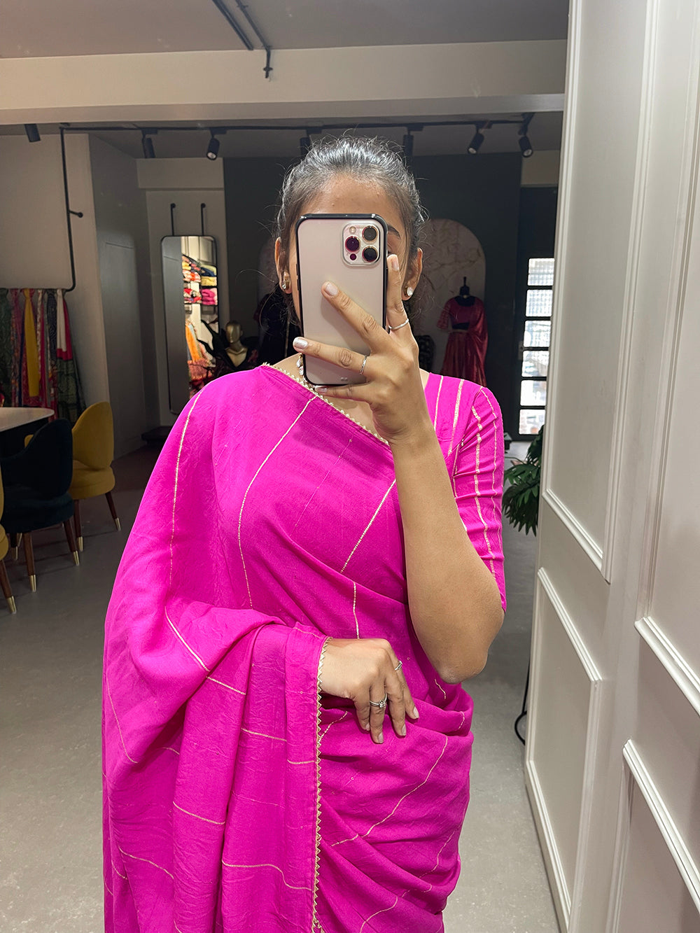 Pink Color Sequins And Zari Work Viscose Chanderi Saree