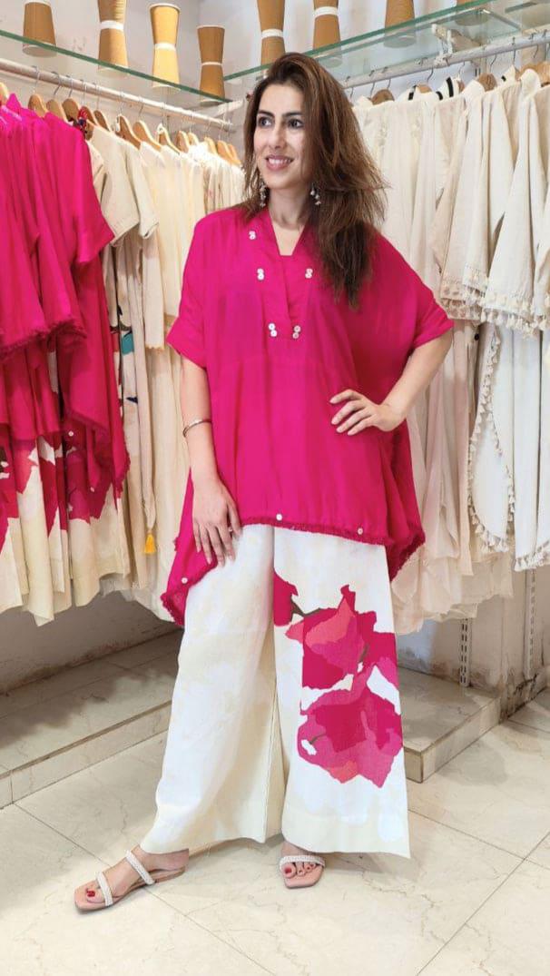 Pink Cotton Co-ord Set with Lace Work | Loose Fit Cord Set