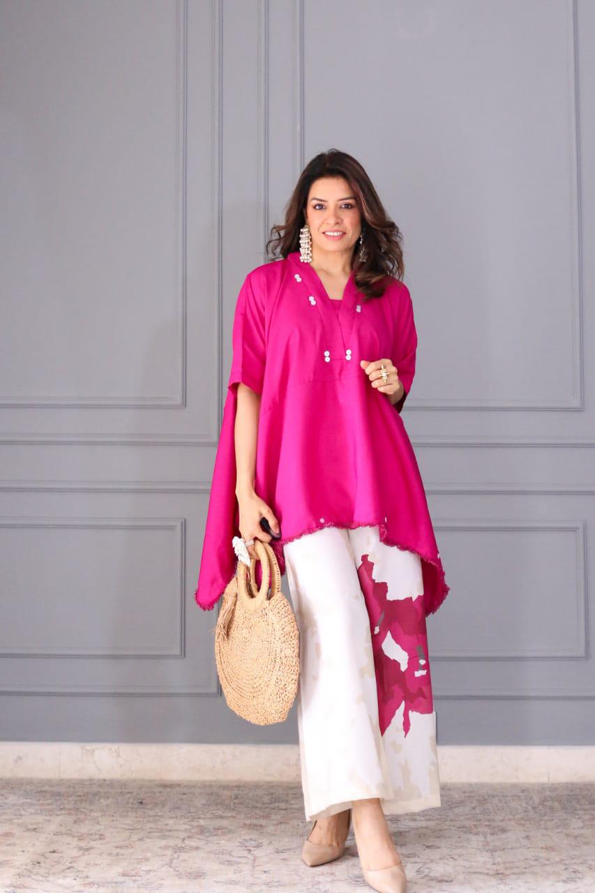 Pink Cotton Co-ord Set with Lace Work | Loose Fit Cord Set