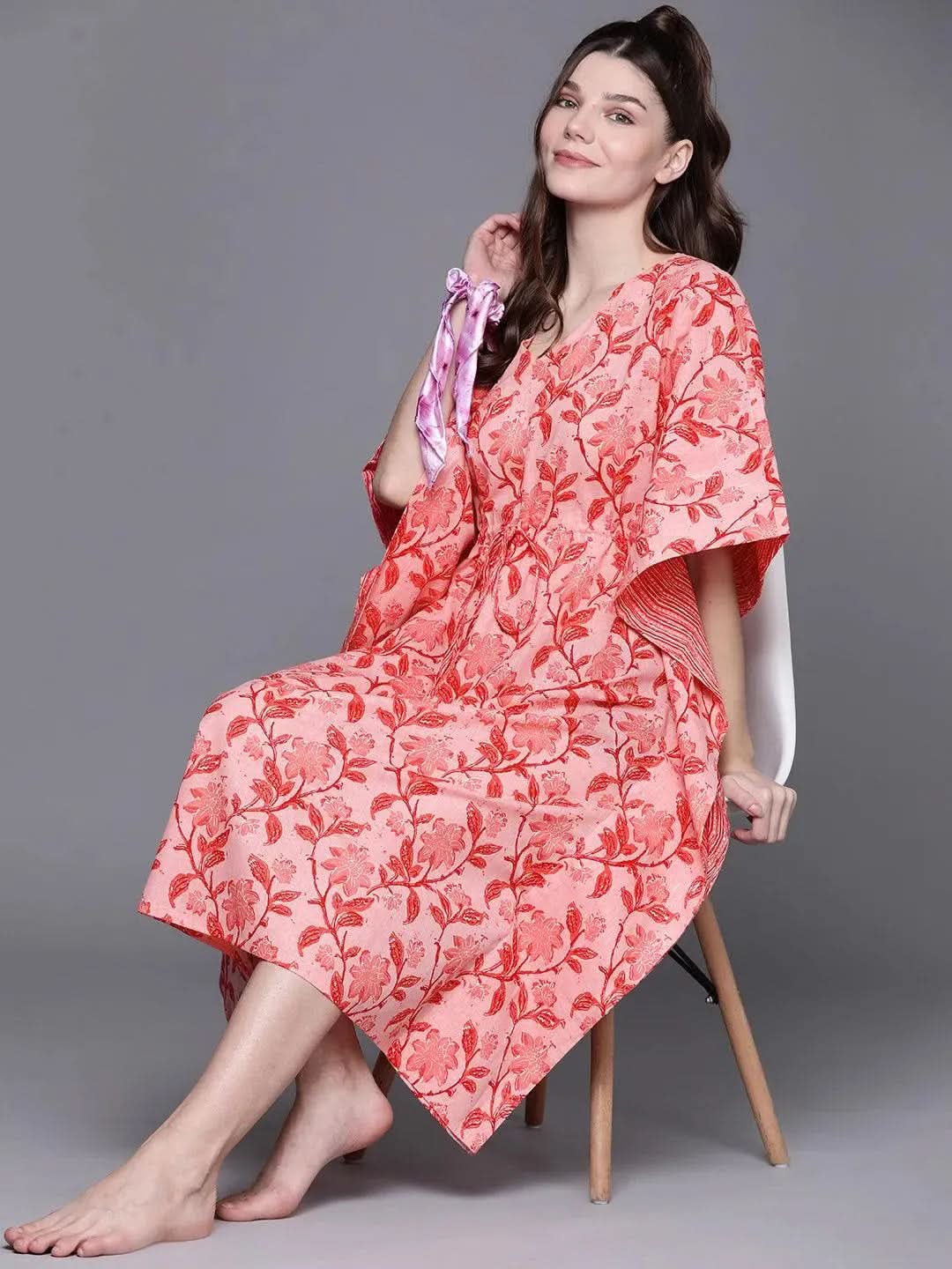 Anouk Pink Cotton Printed Kaftan Nightdress