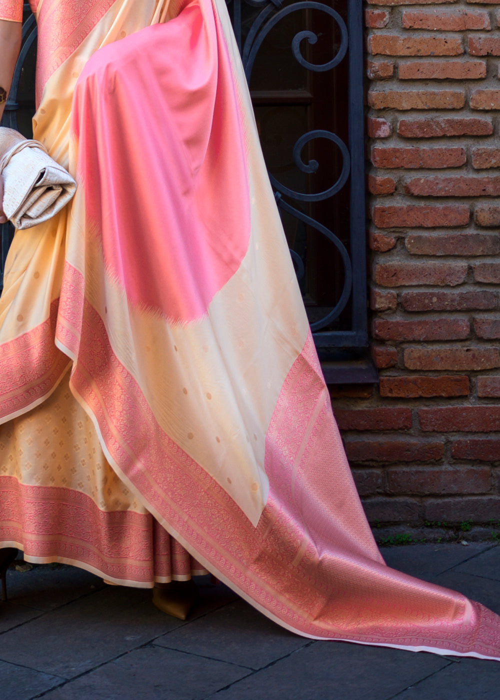 Pink & Cream Regal Banarasi Soft Silk Saree with Intricate Timeless Design & Blouse Piece