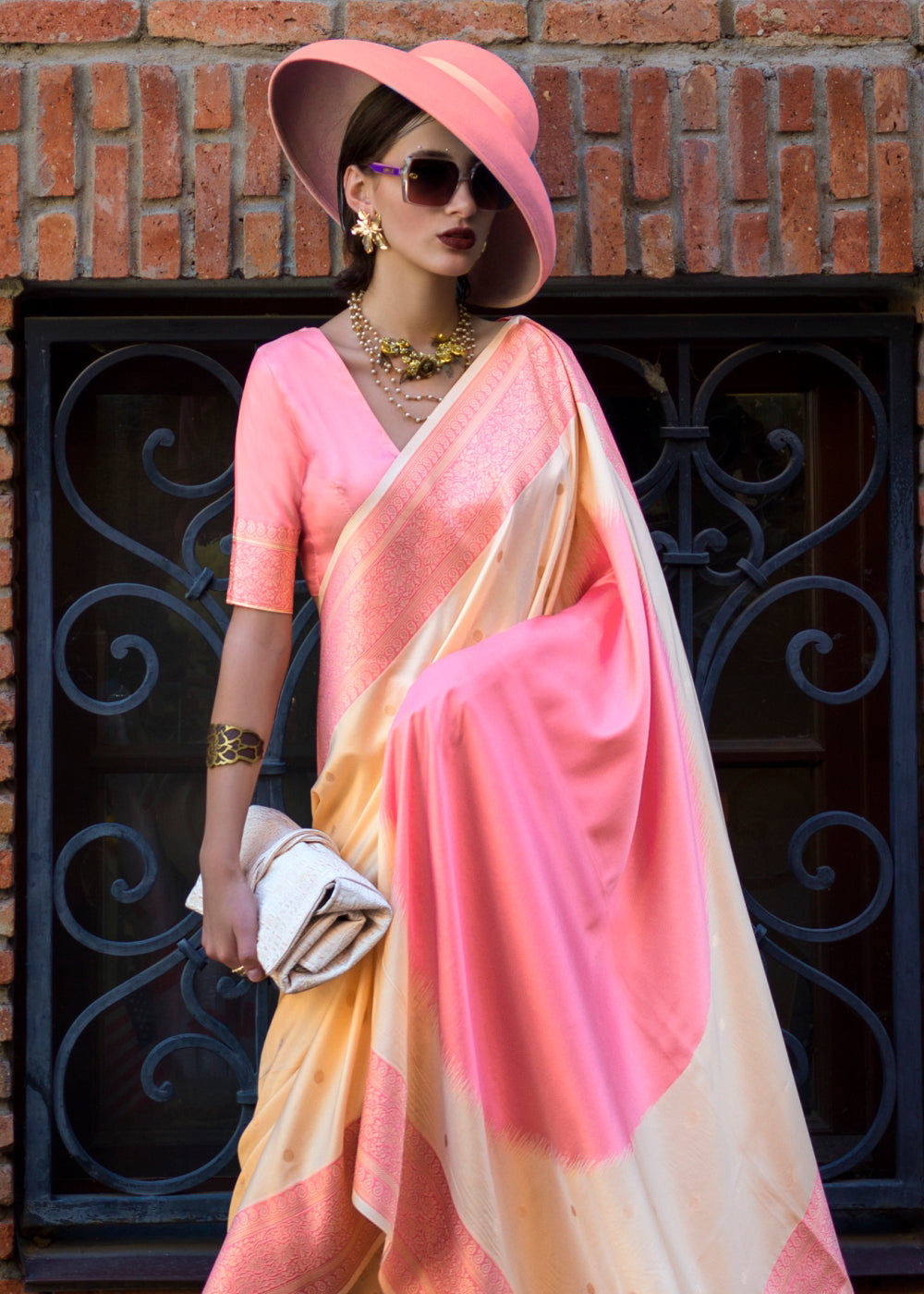 Pink & Cream Regal Banarasi Soft Silk Saree with Intricate Timeless Design & Blouse Piece