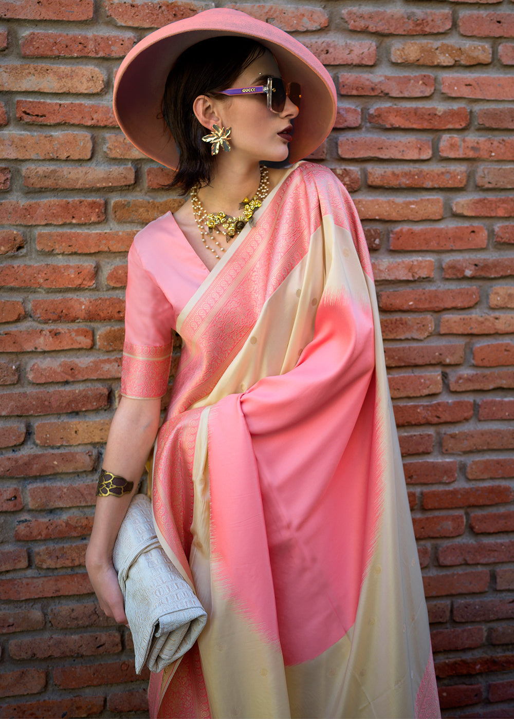 Pink & Cream Regal Banarasi Soft Silk Saree with Intricate Timeless Design & Blouse Piece
