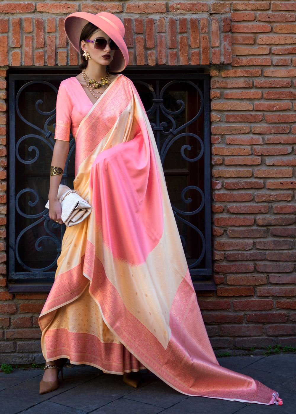 Pink & Cream Regal Banarasi Soft Silk Saree with Intricate Timeless Design & Blouse Piece