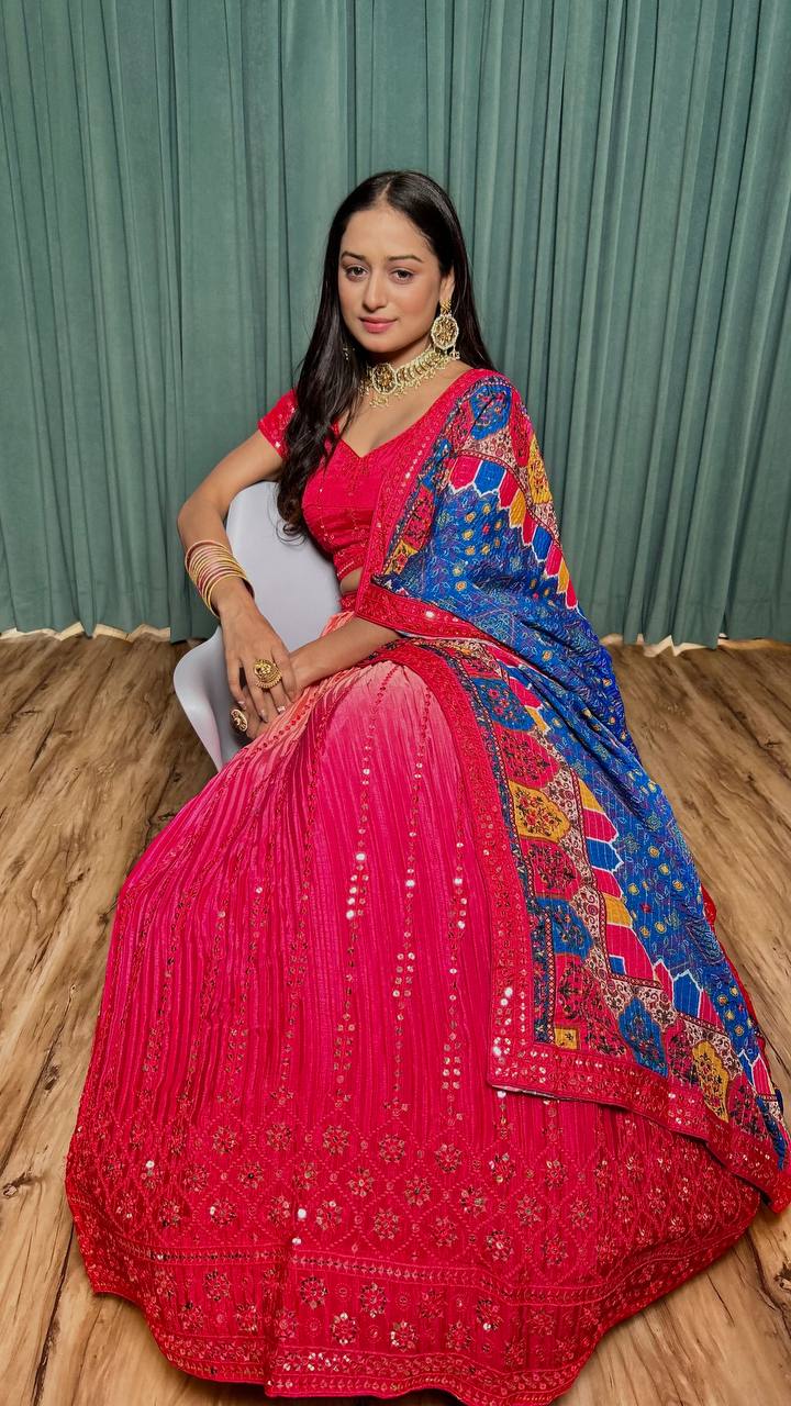 Pink Cultural Elegant Chinon Silk Lehenga Set