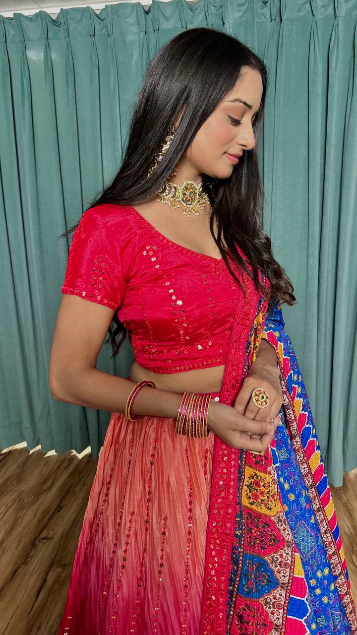 Pink Cultural Elegant Chinon Silk Lehenga Set