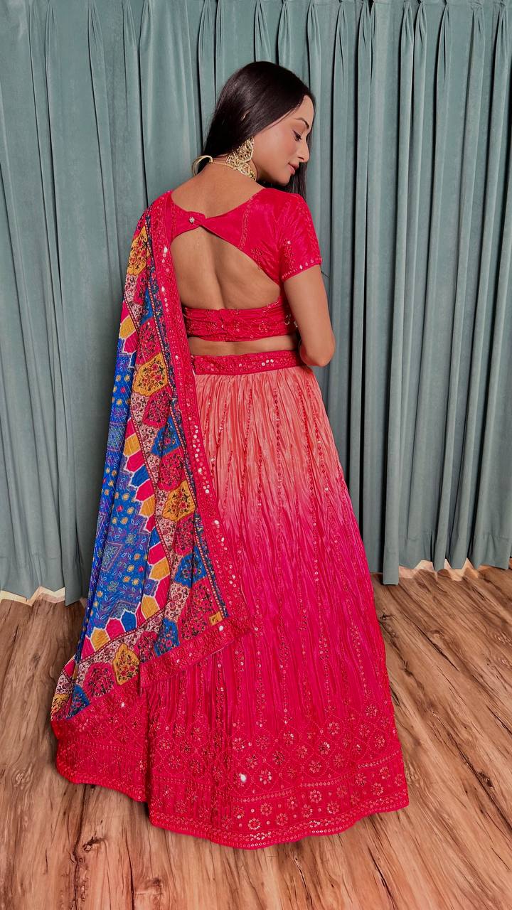 Pink Cultural Elegant Chinon Silk Lehenga Set