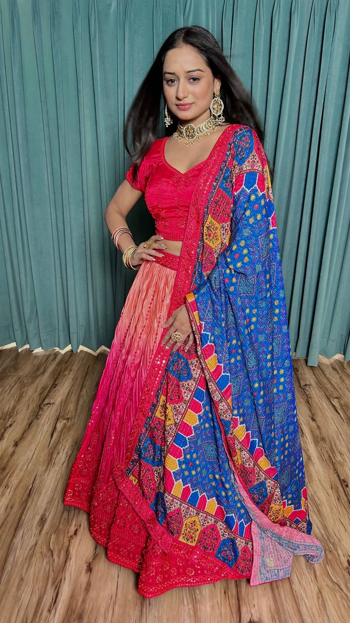 Pink Cultural Elegant Chinon Silk Lehenga Set