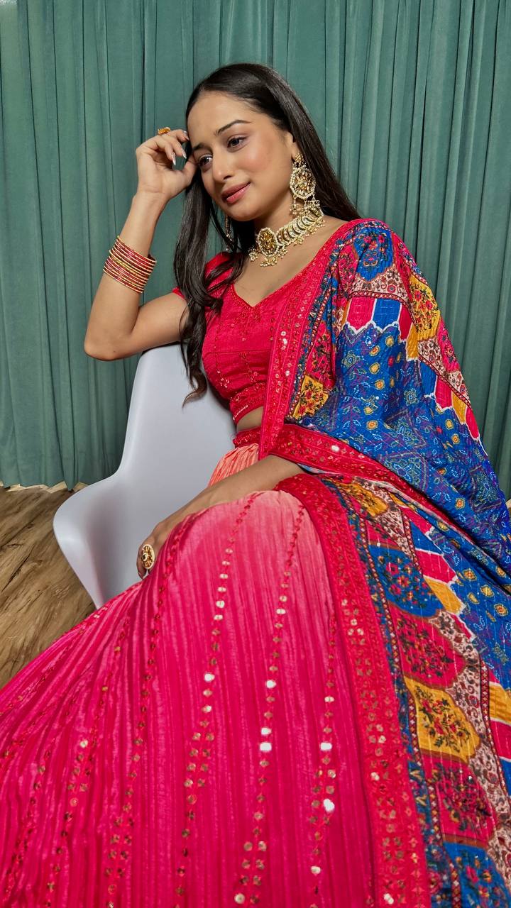 Pink Cultural Elegant Chinon Silk Lehenga Set