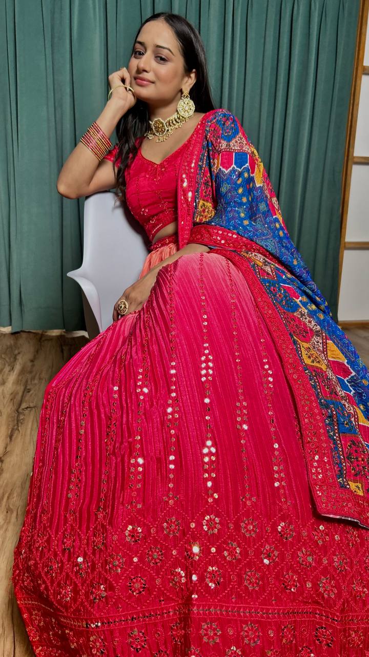Pink Cultural Elegant Chinon Silk Lehenga Set