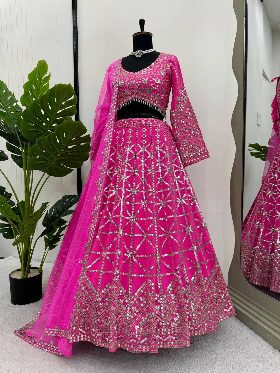 Pink Designer 9mm Sequin Faux Georgette Lehenga Choli Set with Butterfly Net Dupatta