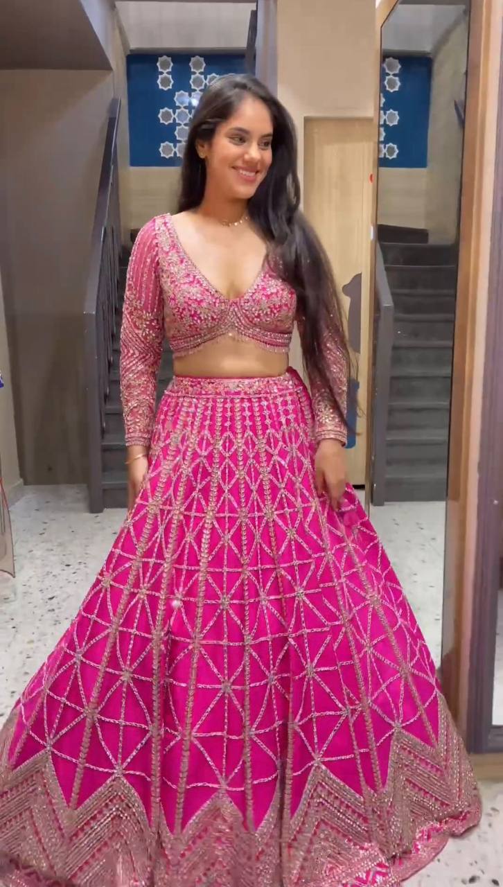 Pink Designer 9mm Sequin Faux Georgette Lehenga Choli Set with Butterfly Net Dupatta