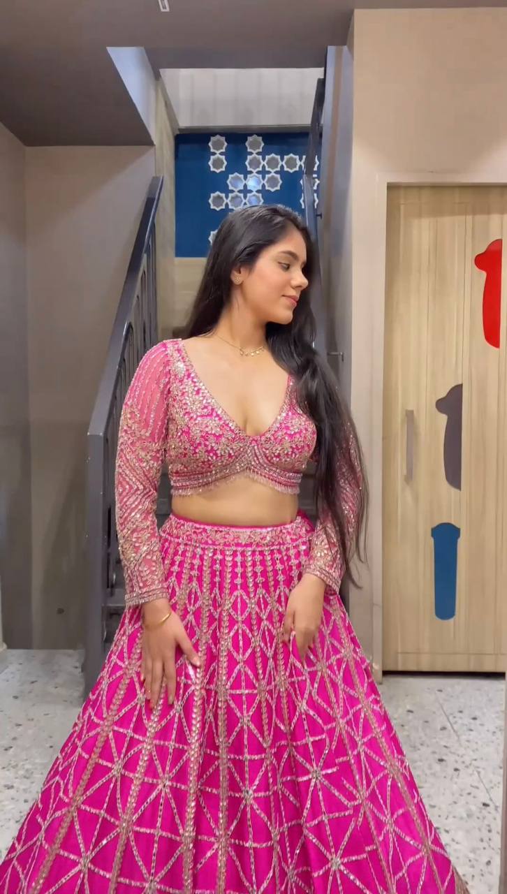 Pink Designer 9mm Sequin Faux Georgette Lehenga Choli Set with Butterfly Net Dupatta