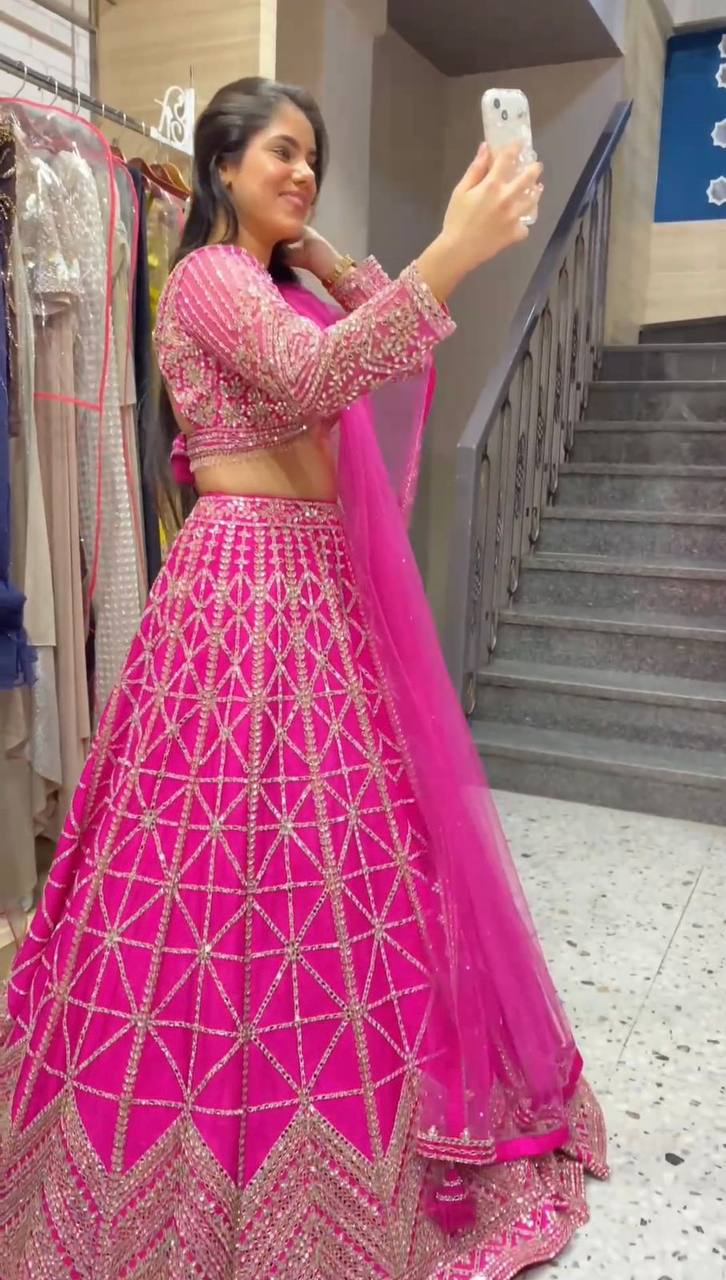 Pink Designer 9mm Sequin Faux Georgette Lehenga Choli Set with Butterfly Net Dupatta