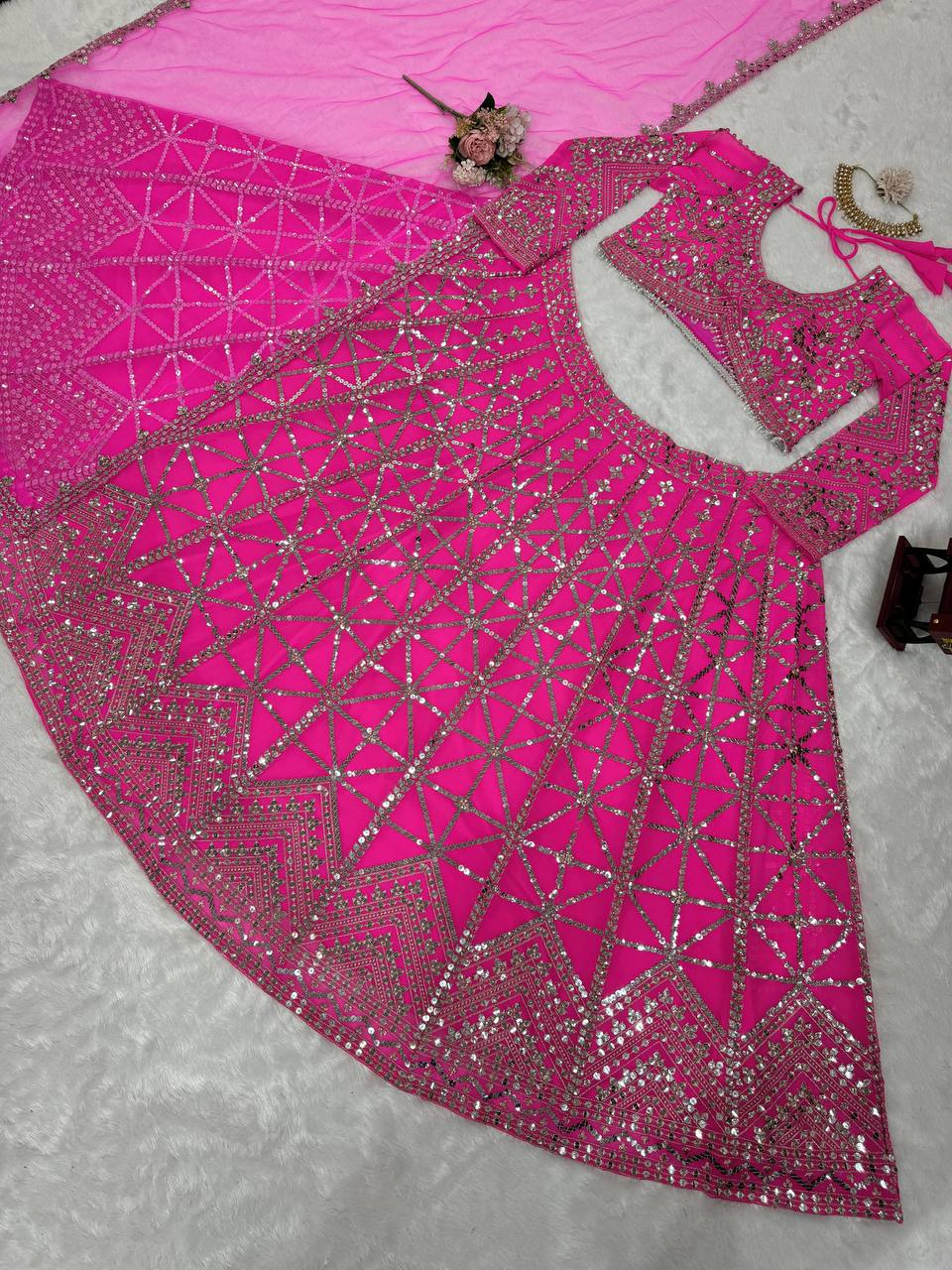 Pink Designer 9mm Sequin Faux Georgette Lehenga Choli Set with Butterfly Net Dupatta
